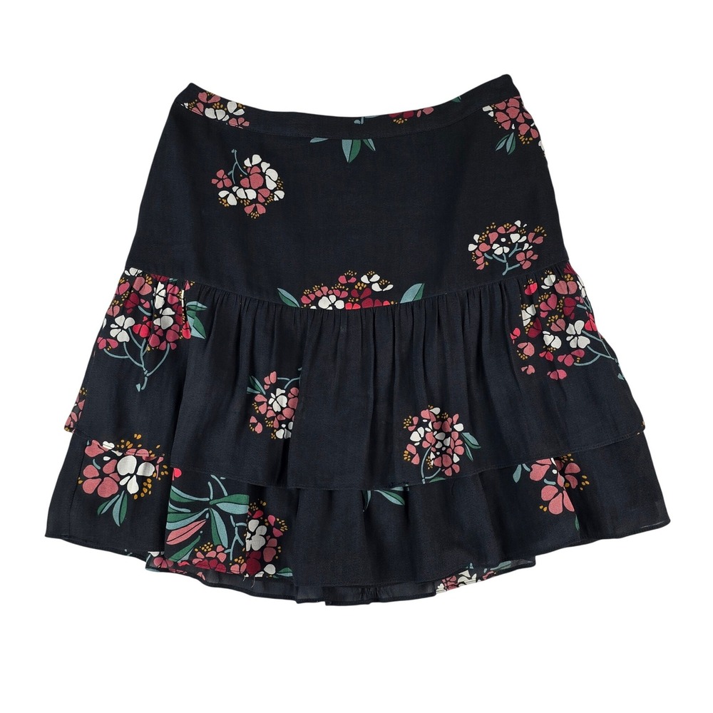 Loft Floral Tiered Mini Skirt Women Size 0 Charcoal Gray Ruffle‎ Side Zip Boho